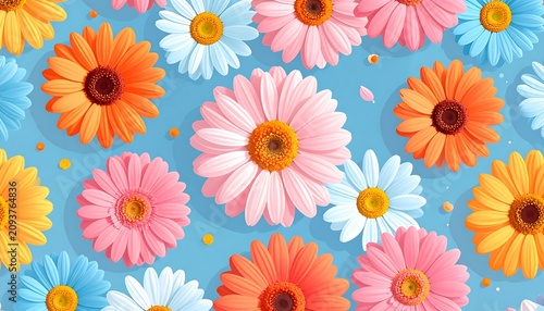A vibrant floral pattern featuring pink, orange, and white flowers on a light blue background with a white border at the bottom