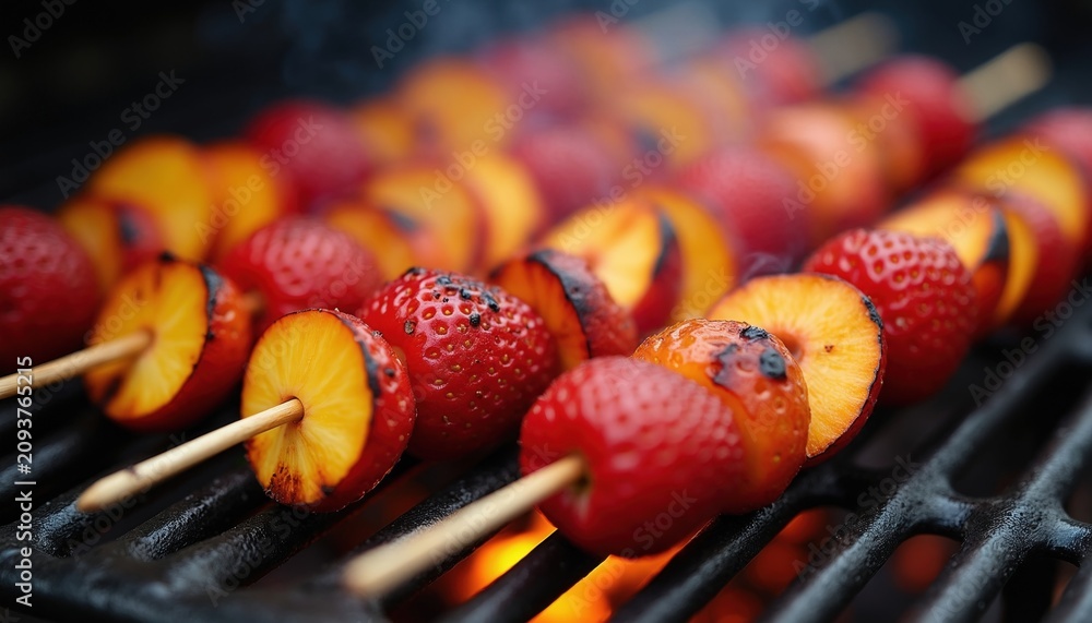 Naklejka premium Strawberries and sliced peaches cook on skewers over hot grill grates. Small flames lick the fruit, creating a char. Smoke rises from the delicious barbecue.