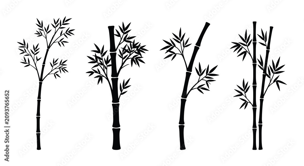 Obraz premium Four bamboo stalks depicted as black silhouettes against a white background silhouette