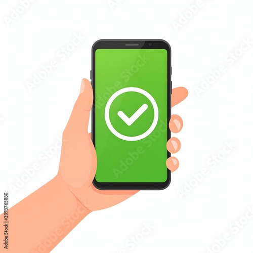Hand holding smartphone with green checkmark confirmation.