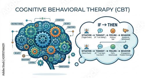 Obraz na płótnie Modern CBT psychology concept with cognitive gears vector illustration