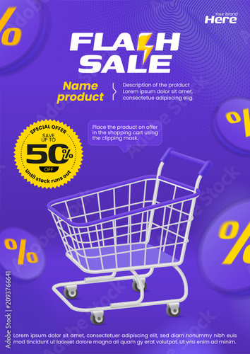 Modern A4 flash sale flyer template with a shopping cart and product display area.