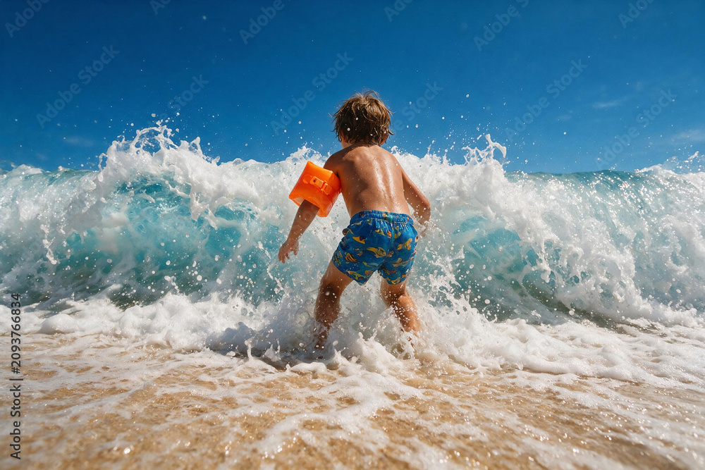 Obraz premium Toddler, blue swim trunks, playing in ocean waves, beach fun, summer vacation