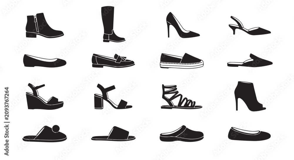 Obraz premium Black silhouette collection of various women shoes including high heels sandals boots and flats with footwear