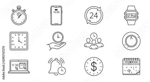Collection of business time management and productivity thin line icons including clock and calendar