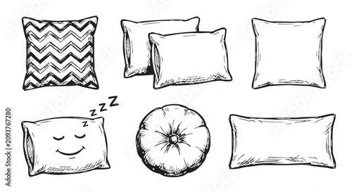 Quadro su tela Set of decorative soft throw pillows in various shapes and patterns as cozy home