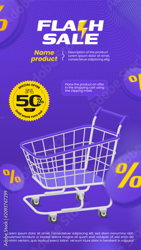 Story template for a flash offer with a shopping cart, editable discount value, and product display area.