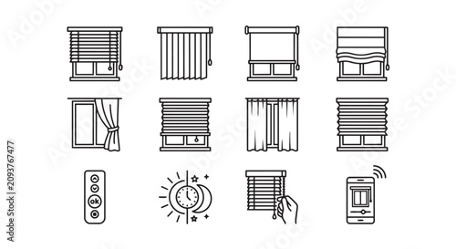 Photos Window blinds curtains and smart home control icons with curtains interior autom