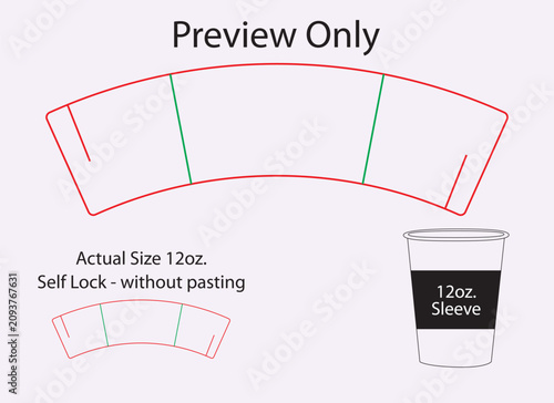 Foto 12oz Coffee Cup Sleeve Dieline Template with Self Locking System - with Interloc