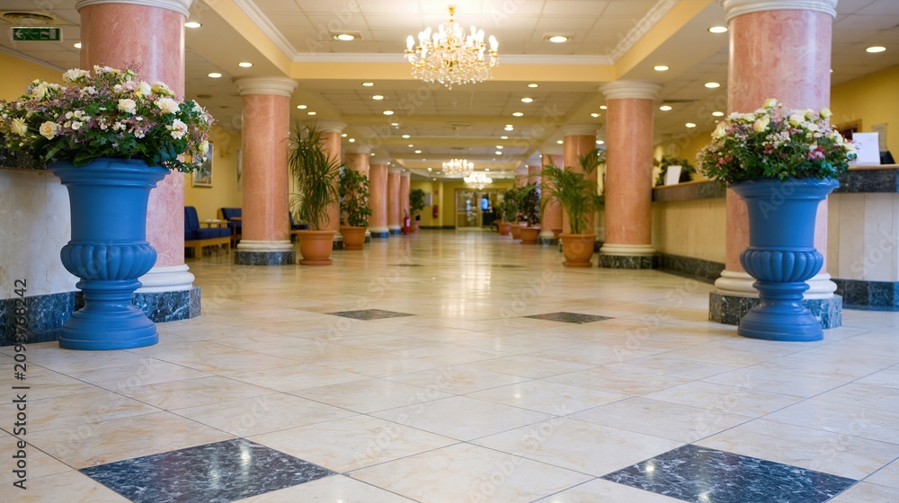 Obraz premium Elegant hotel lobby interior with marble floors, classical columns, and floral arrangements