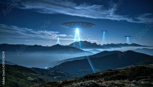Flying saucer beaming light onto a foggy mountain landscape