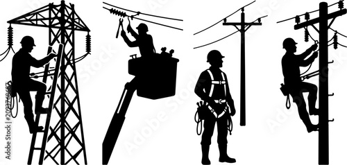 Silhouettes of electrical linemen working on power lines and utility poles vector illustration