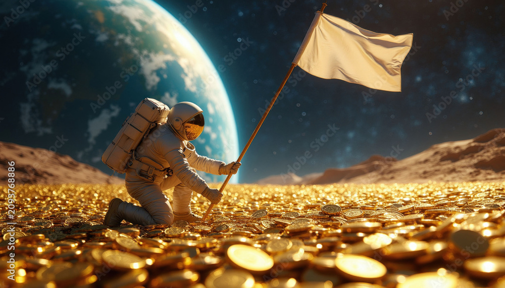 Naklejka premium Astronaut kneels on surface covered with gold coins planting white flag. Distant planet and stars in background. Cosmic exploration and financial success theme.