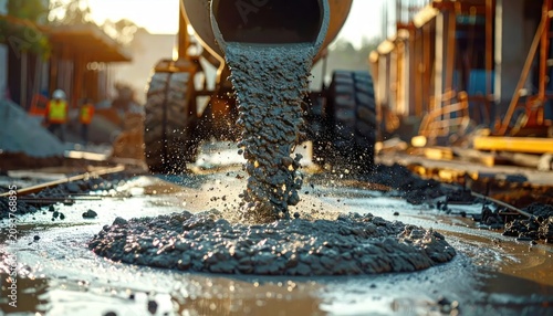 Fresh concrete pouring from truck chute onto ground.