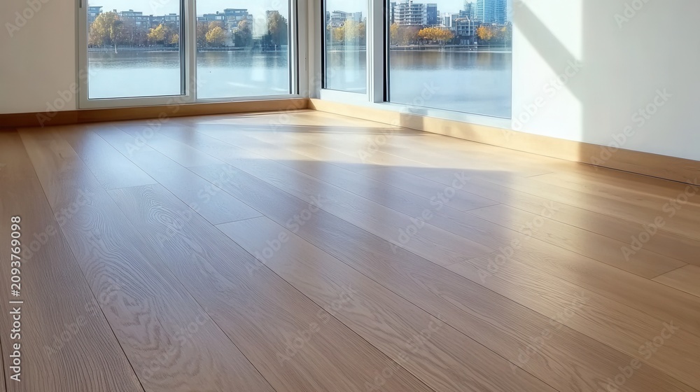Fototapeta premium Clean wooden floor reflecting sunlight with a water view