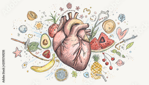 Photos An artistic illustration of a human heart surrounded by various fruits and symbolic elements, representing health and well-being