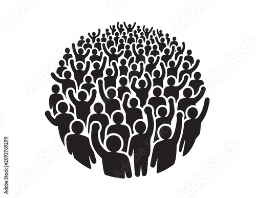 Large crowd of people vector illustration, diverse group of individuals forming a circular shape, united community concept, black and white graphic resource for social movements and teamwork.