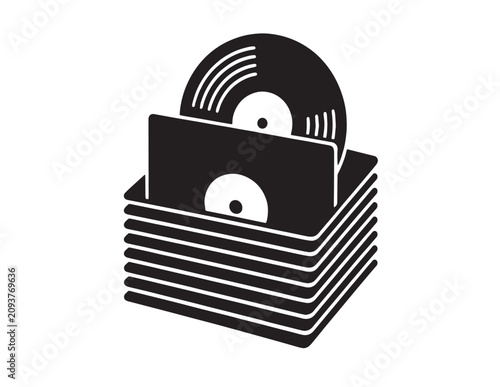 Retro vinyl record stack, vintage music collection, classic audio media, black and white vector illustration for entertainment and nostalgia designs