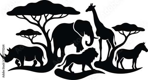 Canvas Print African Safari Wildlife Landscape Silhouette Vector Graphic with Elephant Lion G