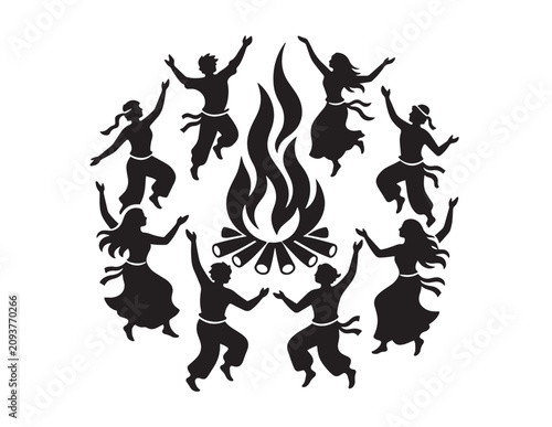 Joyful bonfire celebration, a vibrant folk dance around a campfire, communal gathering with people dancing, festive cultural event vector illustration.