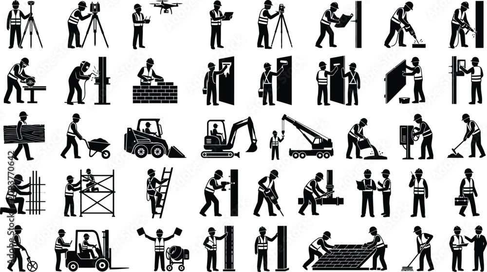Obraz premium Comprehensive construction worker silhouette icon set featuring heavy machinery and manual labor for commercial projec