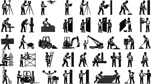 Cuadro en lienzo Comprehensive construction worker silhouette icon set featuring heavy machinery