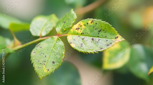 Close up of a rose leaf showing symptoms of a fungal disease rose black spot a disease caused by the fungus diplocarpon rosae