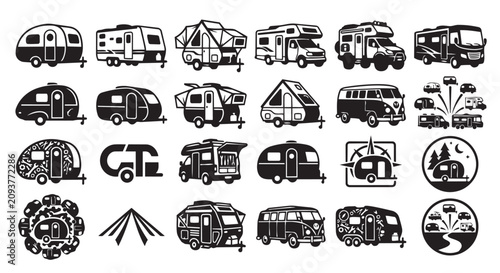 Set of various recreational vehicle and camper trailer icons in black silhouette with motorhome, adventure