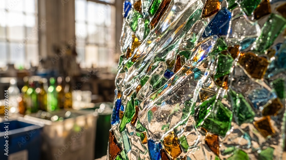 Obraz premium Colorful Recycled Stained Glass Pillar and Workshop Interior Background