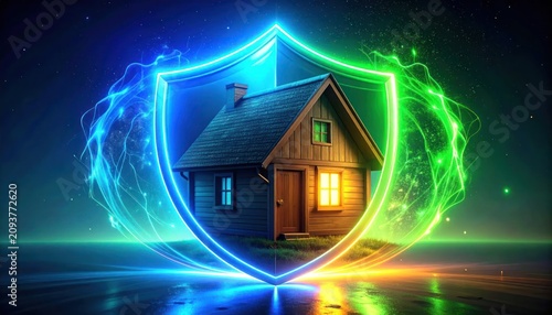 Futuristic energy shield surrounding wooden home for protection