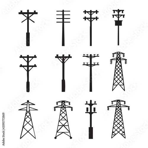 Vector illustration of electrical power transmission towers and utility poles for grid infrastructure.
