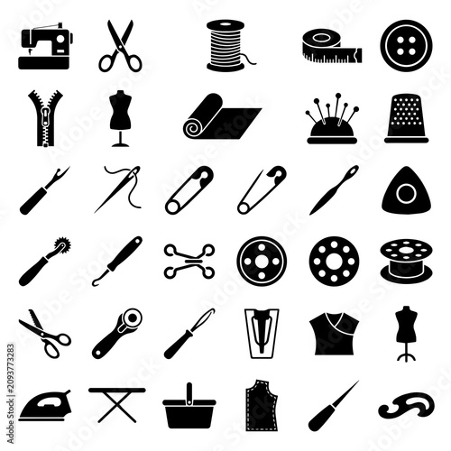 Фотография Sewing and tailoring equipment icon set with tailoring dressmaking scissors