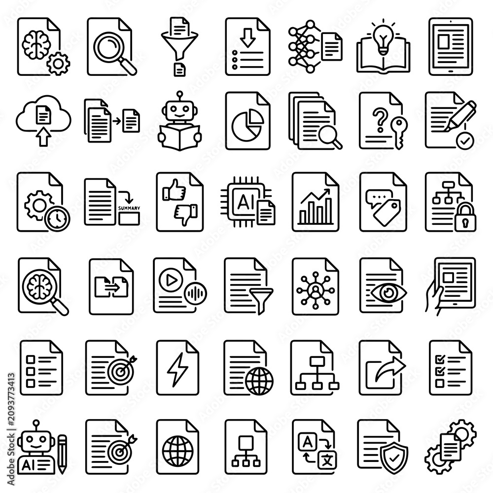 Fototapeta premium Document and artificial intelligence workflow line icon set with document