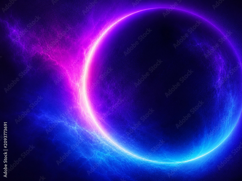 Fototapeta premium Circular glowing form with nebula style background vibrant purple and blue tones circle shape