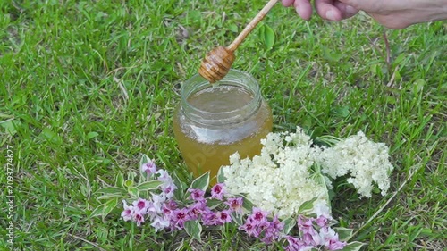 Dipping wooden honey dipper in honey, Hand dipping wooden honey dipper spoon-spindle into a glass jar of sweet honey