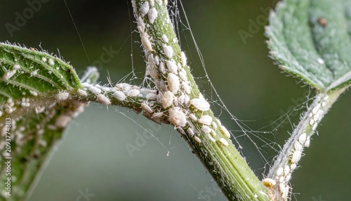 Numerous mealybugs infest a plant stem covered in waxy filaments, showcasing a widespread agricultural pest.