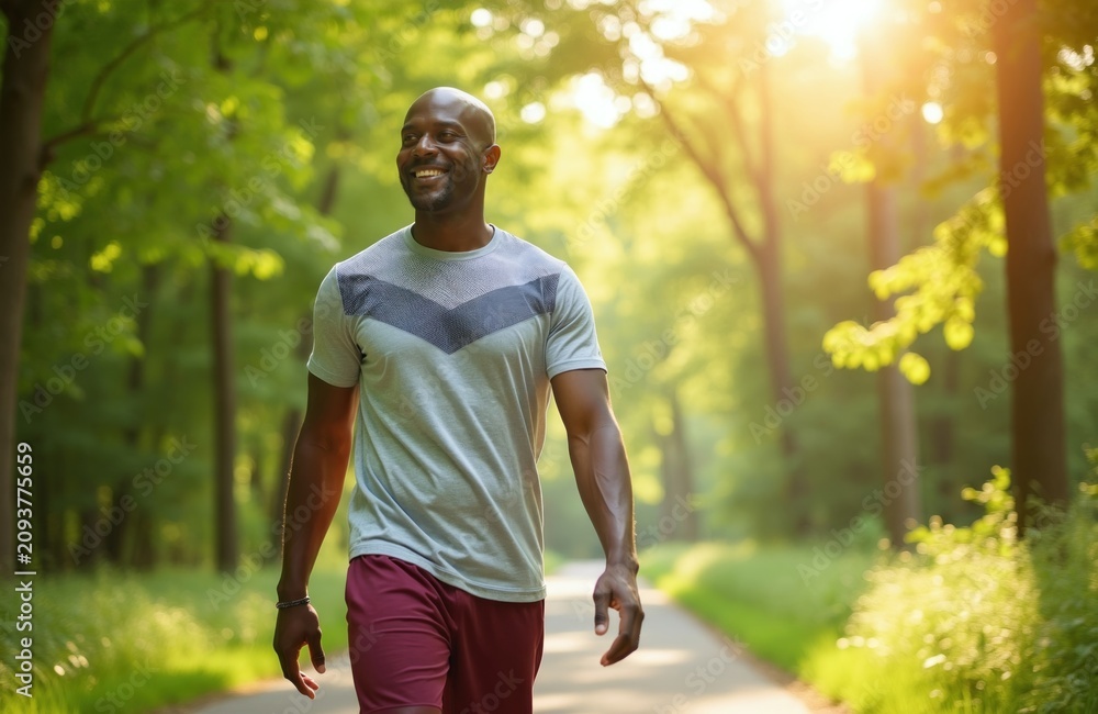 Obraz premium Mature African American man walks along path in green public park. Fit bald person enjoys sunny summer morning during outdoor workout. Smiling male athlete cardio exercise for health, wellness.