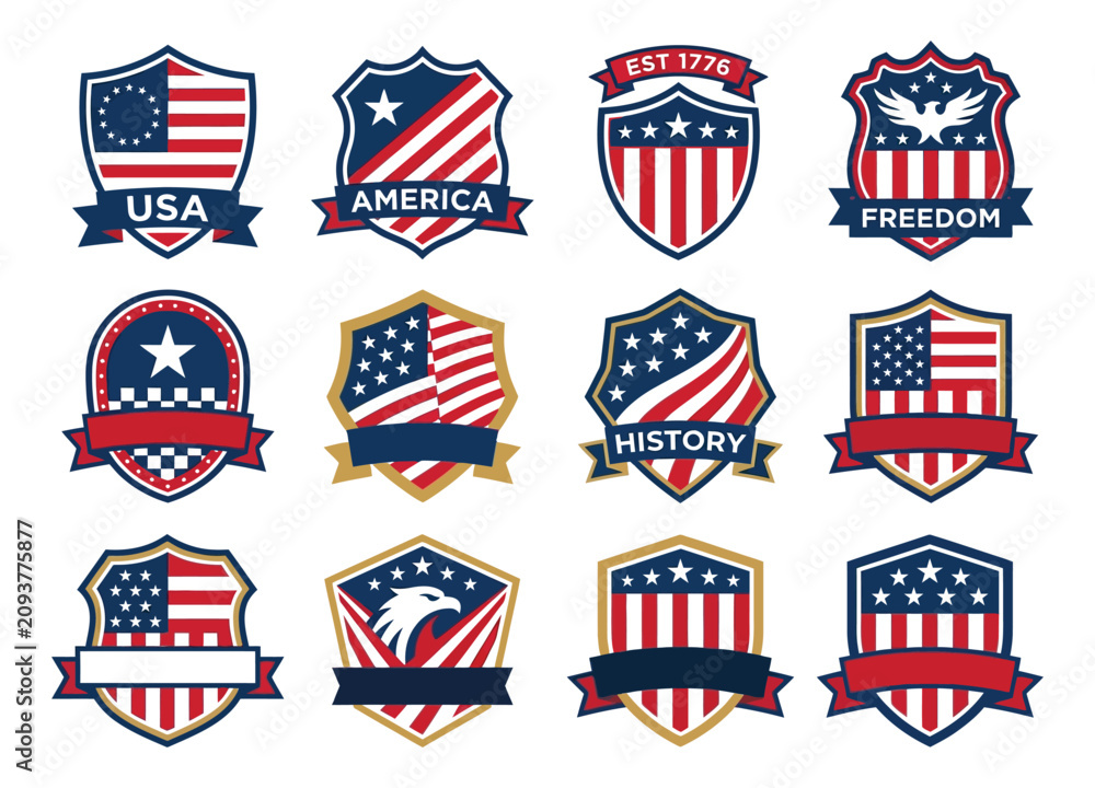 Obraz premium Collection of patriotic American shield emblems with stars and stripes on a white background