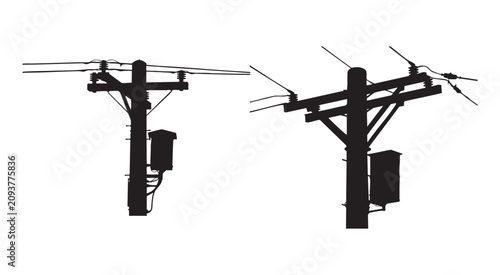 Silhouette of electricity power poles with transformers and wires on transparent background.