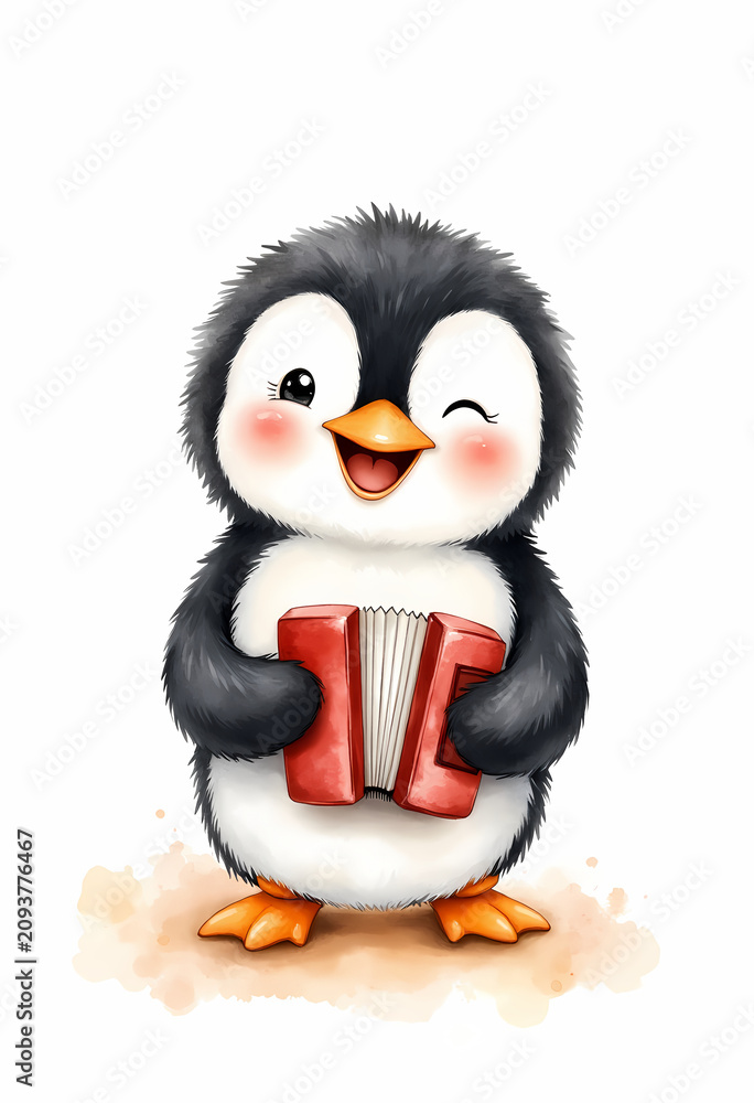 Obraz premium Cute Penguin Playing Accordion Watercolor Illustration 
