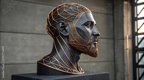 Geometric male bust sculpture with metallic filigree and warm lighting, surreal electro organic monument minimalist portrait