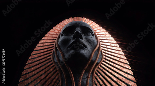 Ornate cybernetic relic sculpted as somber metallic face with radial copper halo and braided tubes, dramatic lighting evokes futuristic ritual