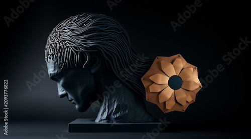 Dark sculpted male bust with flowing wire hair and bronze floral mechanical ornament