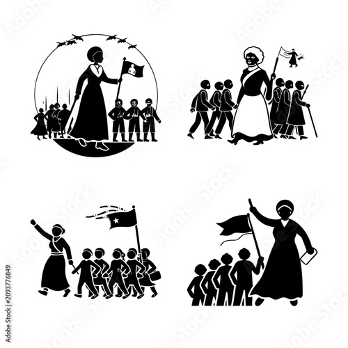 People protesting with flags and signs - Black and white vector icons showing diverse groups of people marching, raising flags, and holding protest signs in solidarity.