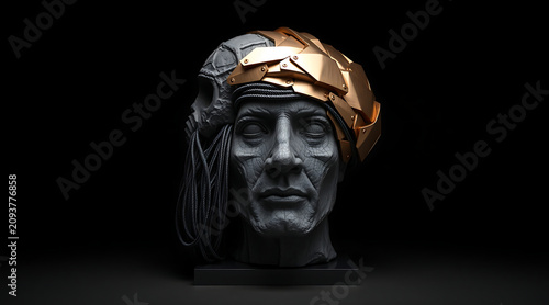 Ancient stone bust with metallic crown and braided cords, dramatic low key lighting conveying solemn mystery and collectible fine art sculpture