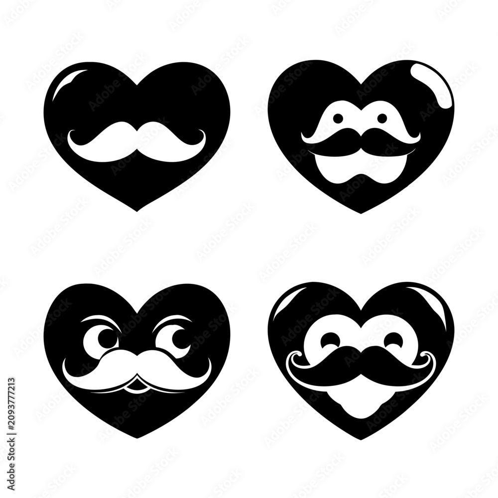 Fototapeta premium Black hearts with mustache icons - Four stylish black heart icons featuring playful mustache designs, perfect for social media or decorative use.