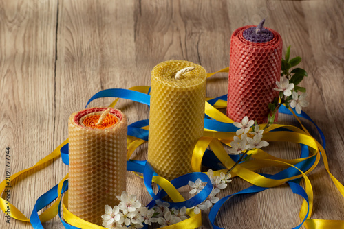 Set of three colorful honeycomb beeswax candles with ribbon decor honeycomb handmade colorful