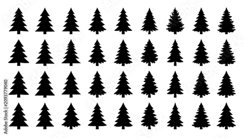 Fotografie Collection of various black pine tree silhouettes with silhouette, collection