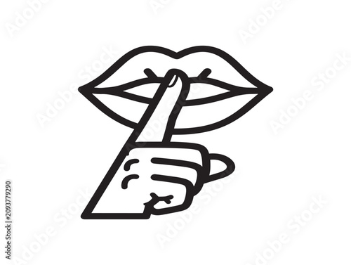 Hand gesturing silence with finger on lips. Simple line art shushing icon for quiet or secrecy. Universal sign for hush or confidentiality in vecto...