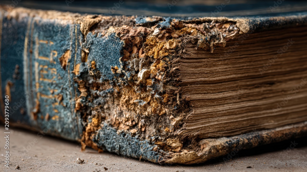 Fototapeta premium Damaged Old Book Spine with Mold Decay Historical Texture Photography